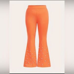 Temu Orange Flare Pants with Pearls